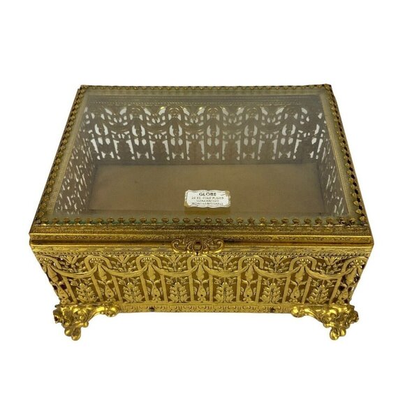 Globe 24kt Gold Plated Jewelry Trinket Box Ornate Filigree Gilt Glamour Vanity - Picture 2 of 8
